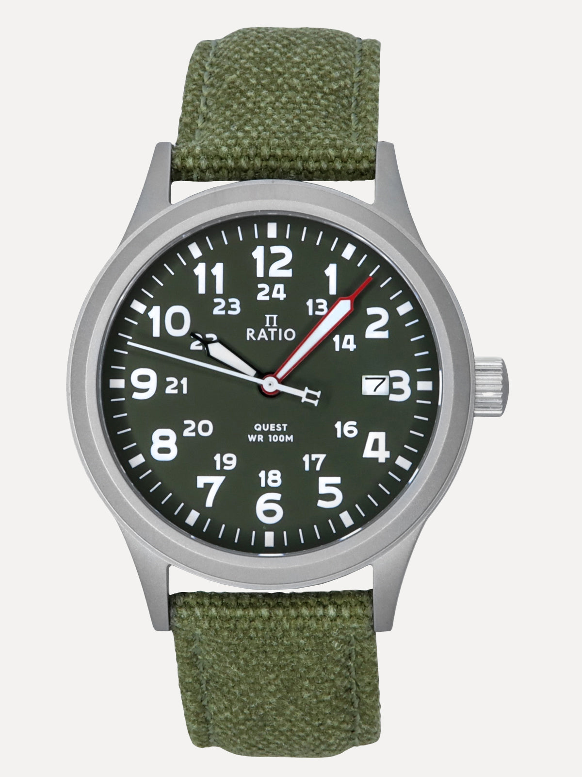 Ratio Quest Men's Field Watch Sapphire Canvas Strap Khaki Green Dial Quartz RTQ029 100M Lewis And Clark Edition